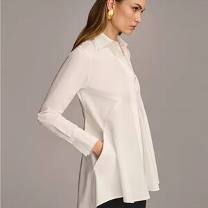 Donna Karan white a-line button up poplin tunic blouse. Size small.